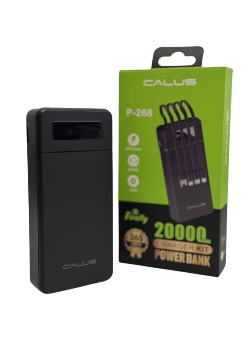 CALUS P-268 Firefly 20000mAh Power Bank with 4 Built-in Charging Cables – Fast Charging, Portable, Compact, Compatible with iPhone, Android, and USB Devices – Black